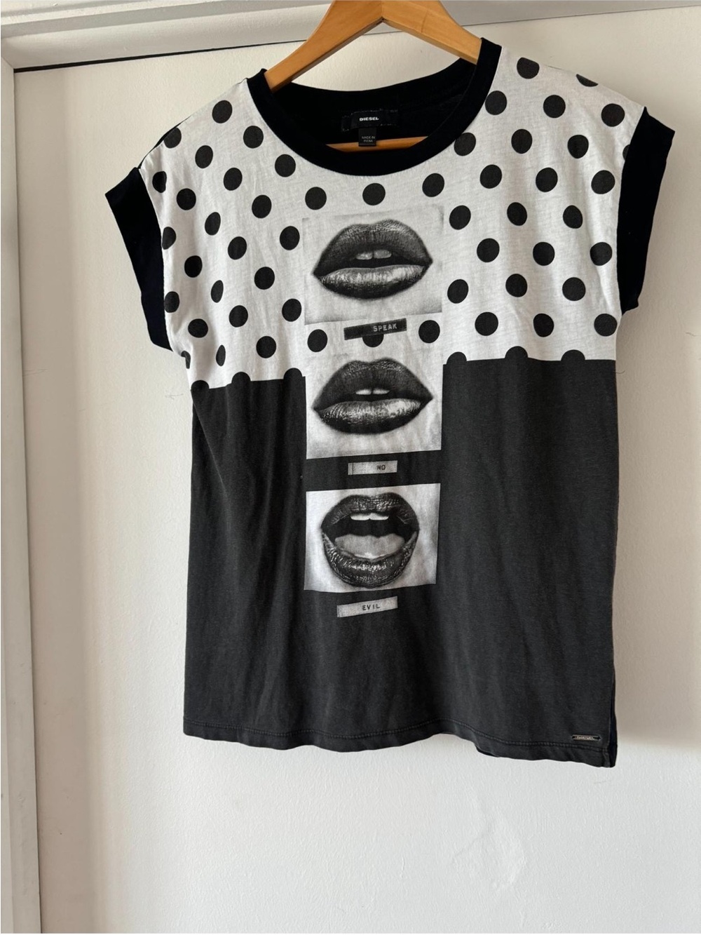 Diesel Black and White Polka Dot Graphic Tee